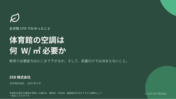 セミナー資料の表紙。全空間CFDでわかったこと 体育館の空調は何 W/㎡ 必要か。ZEB株式会社 2026年8月。